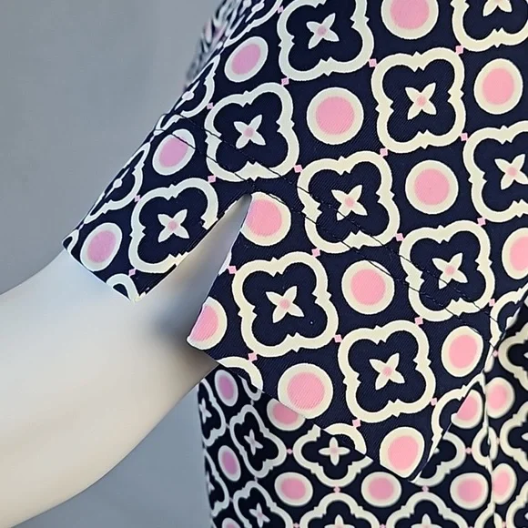Talbots Navy & Pink Geometric Print Split Mockneck Short Sleeve Shift Dress - Picture 13 of 16